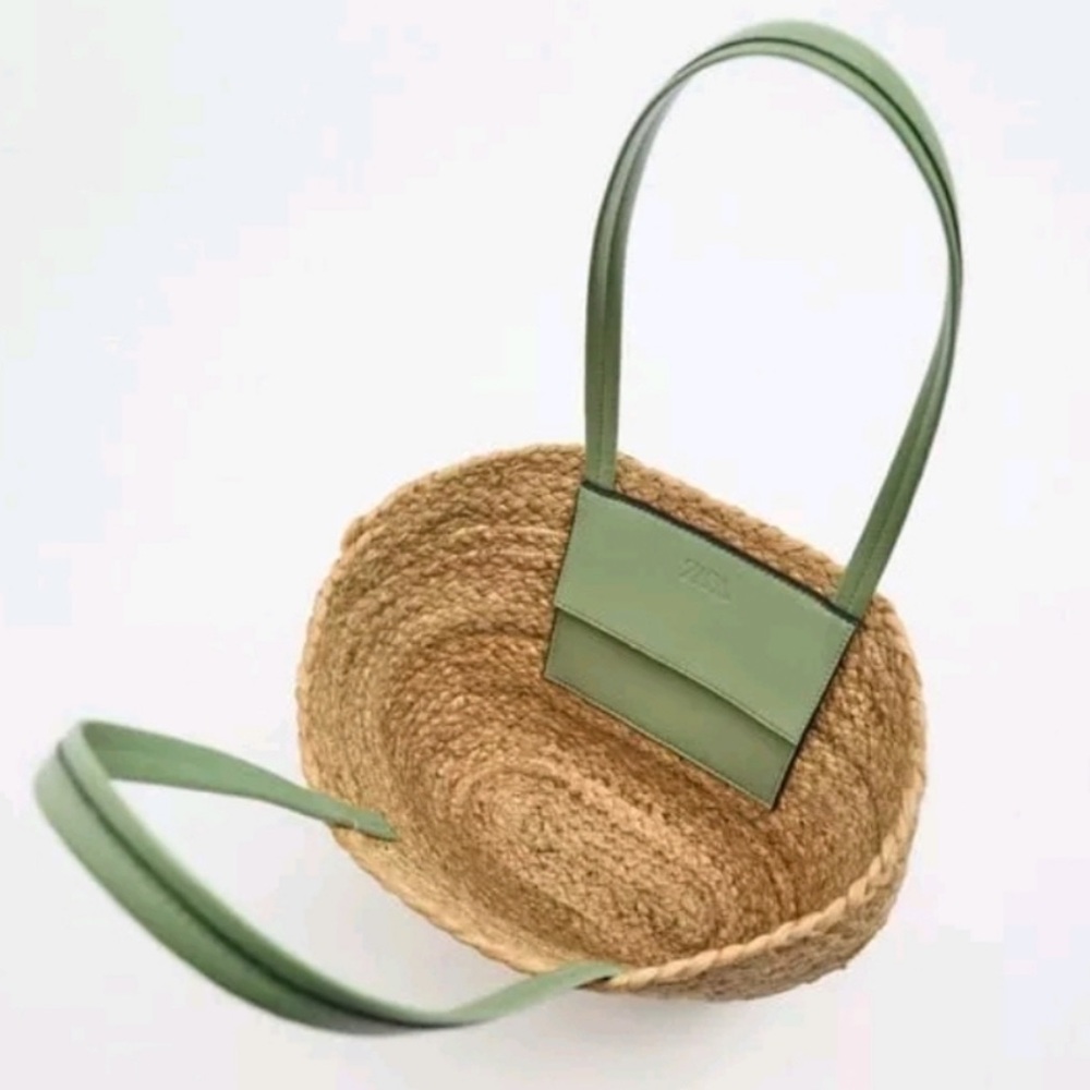 NWT ZARA small jute tote with Green details in pu leather